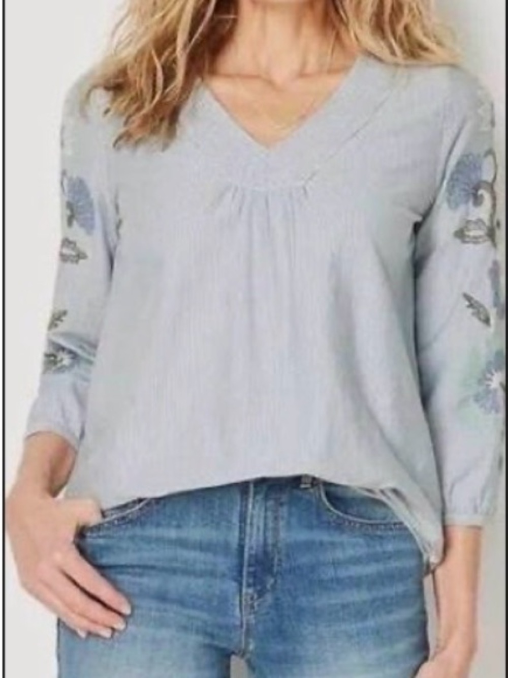 J Jill Light Blue Striped Embroidered Sleeve 100% Cotton V-Neck Women's Top XL